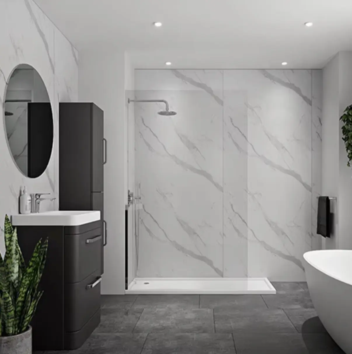 Modern bathroom renovation featuring marble wall panels and a walk-in shower