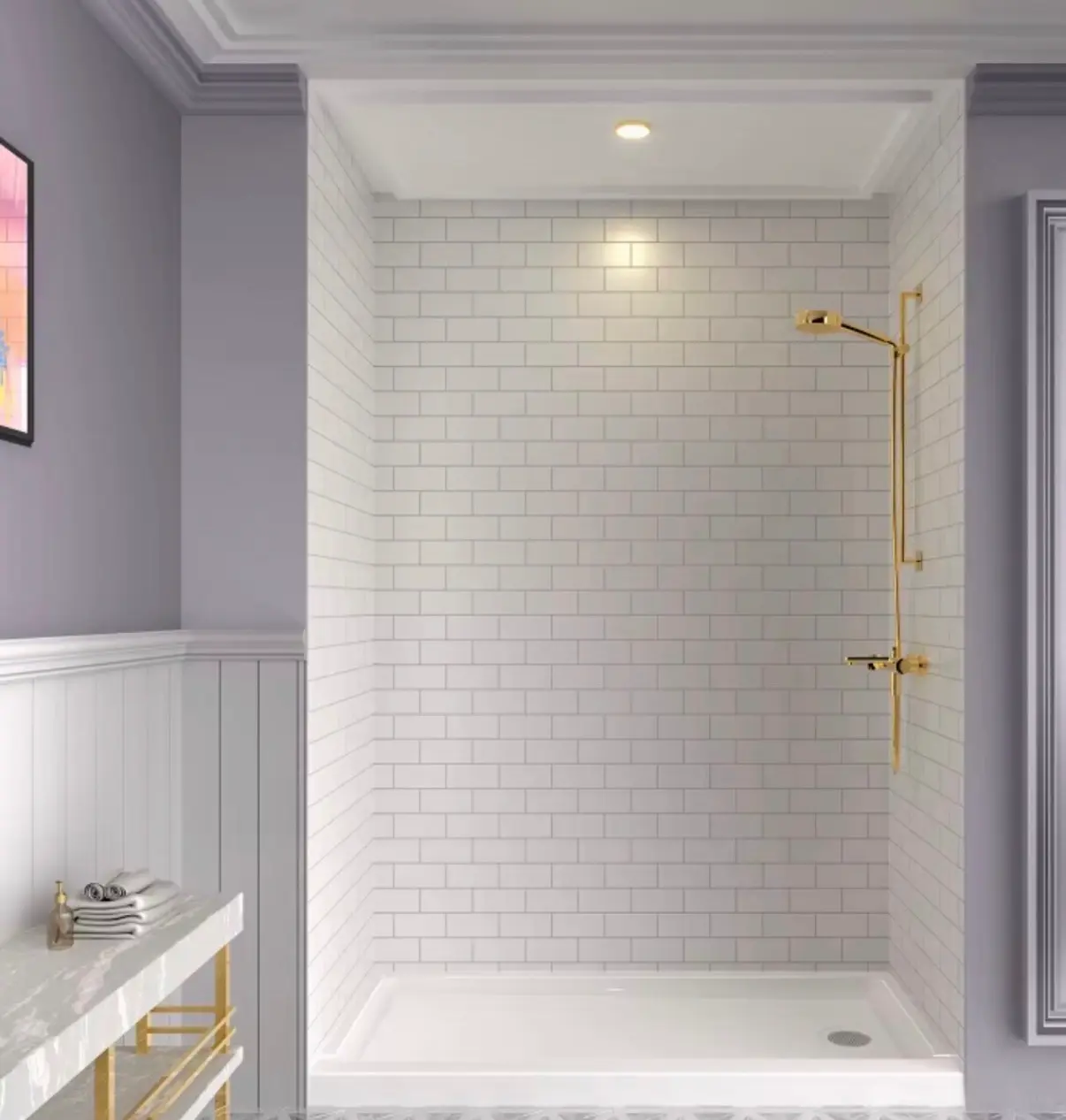 Bright renovated bathroom with white tile and gold shower fixtures